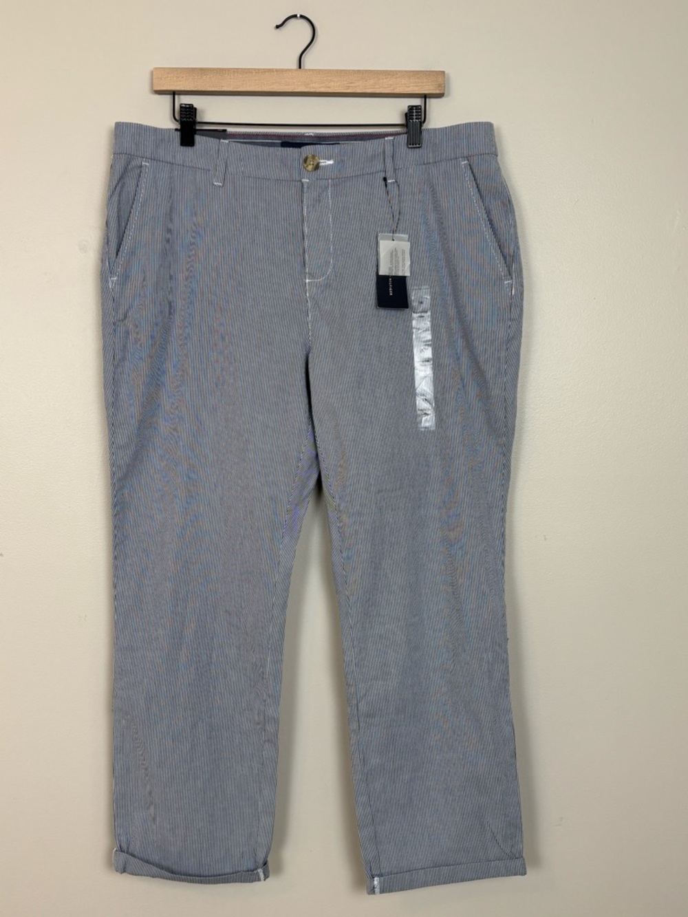 Tommy Hilfiger Womens Pants 14 Hampton‎ Stretch Slim Chino Pinstripe Blue White